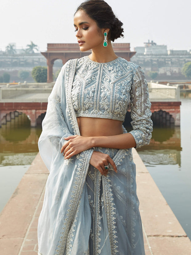 Pakistani Bridal Dress in Dusty Blue Organza with Dupatta
