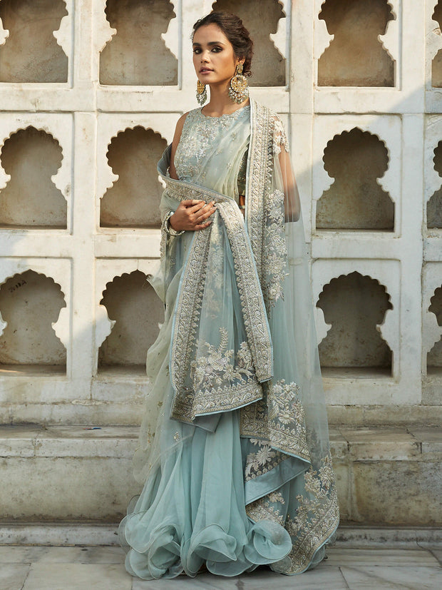 Exquisite Aqua Pakistani Bridal Dress with Lehenga