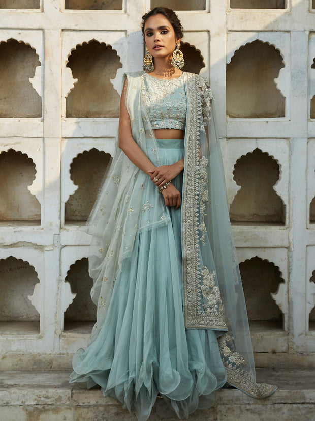 Exquisite Aqua Pakistani Bridal Dress with Lehenga