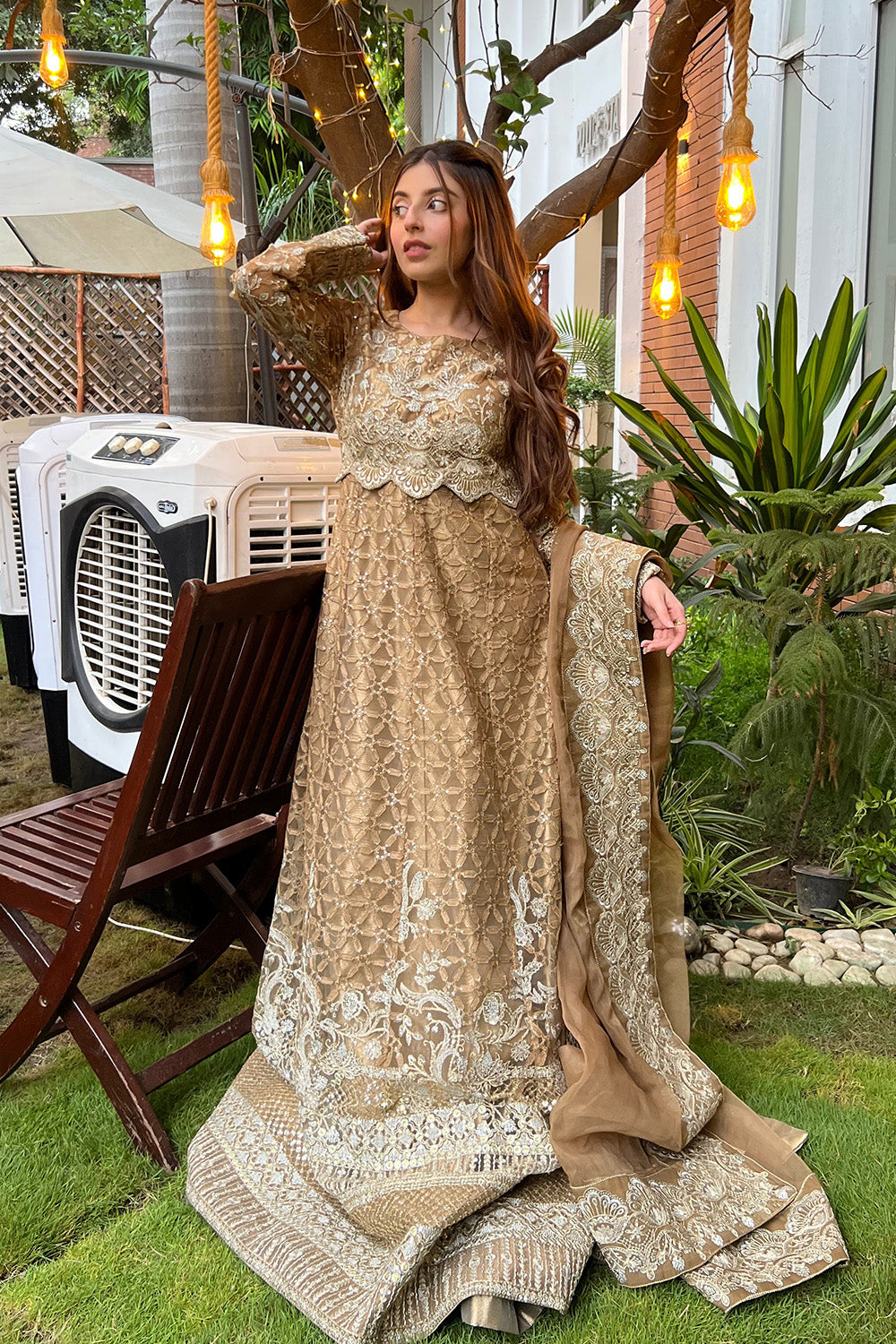 Dusty Pink Embroidered Tissue Maxi Pakistani Dress