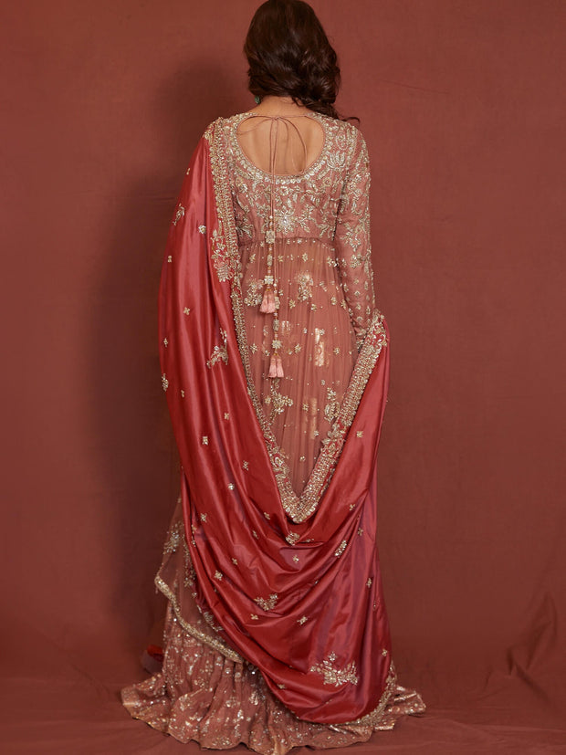 Pakistani Bridal Dress with Coral Silk Dupatta