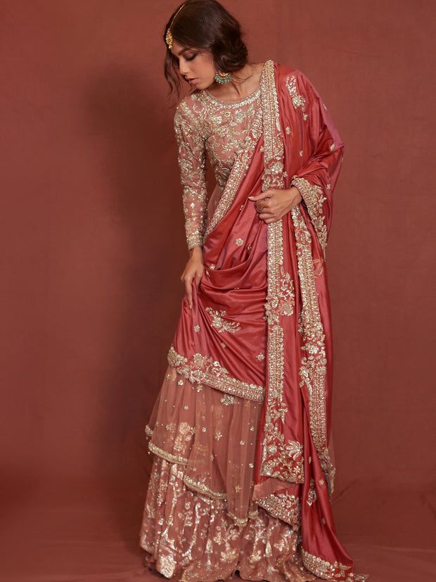 Pakistani Bridal Dress with Coral Silk Dupatta