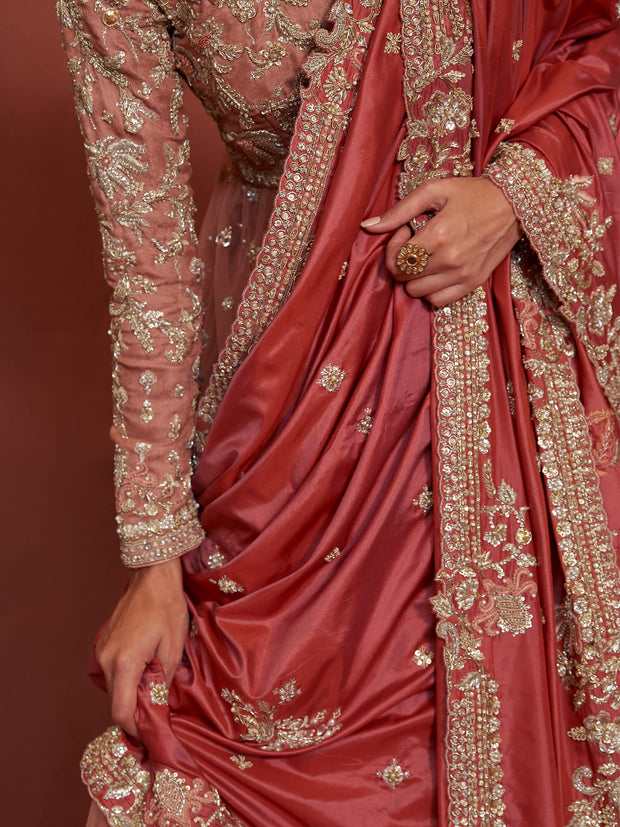 Pakistani Bridal Dress with Coral Silk Dupatta