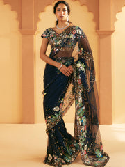 Midnight Blue Pakistani Bridal Dress with Nature Motifs