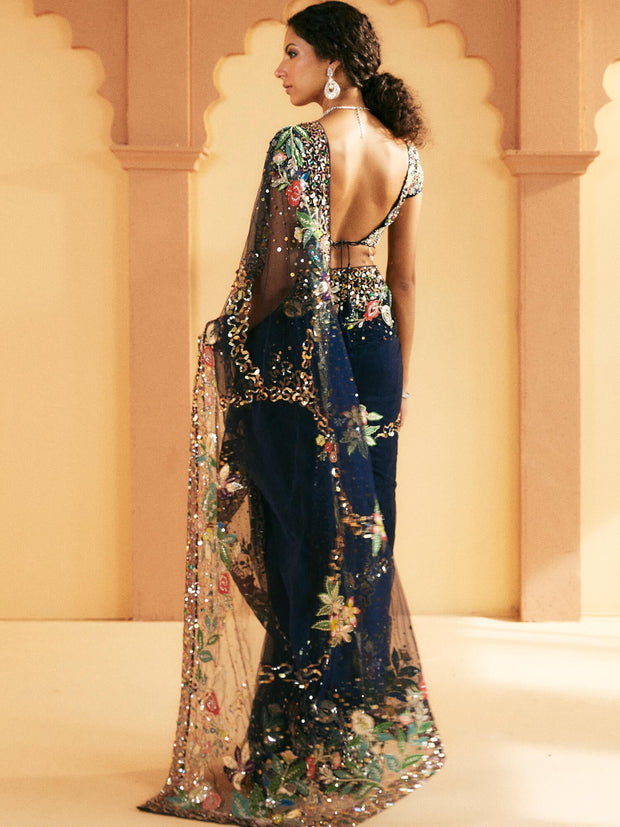 Midnight Blue Pakistani Bridal Dress with Nature Motifs