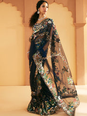 Midnight Blue Pakistani Bridal Dress with Nature Motifs