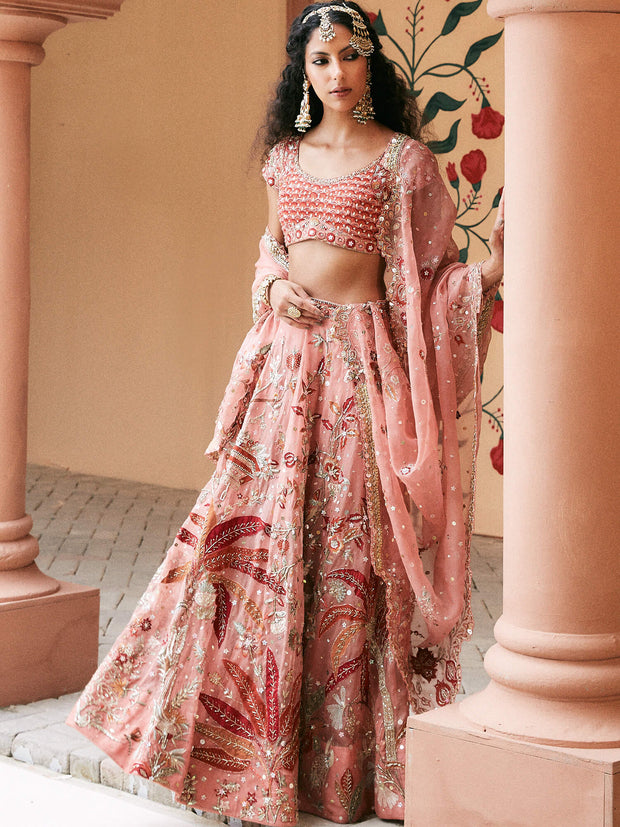 Coral Silk Pakistani Bridal Dress with Dupatta & Blouse