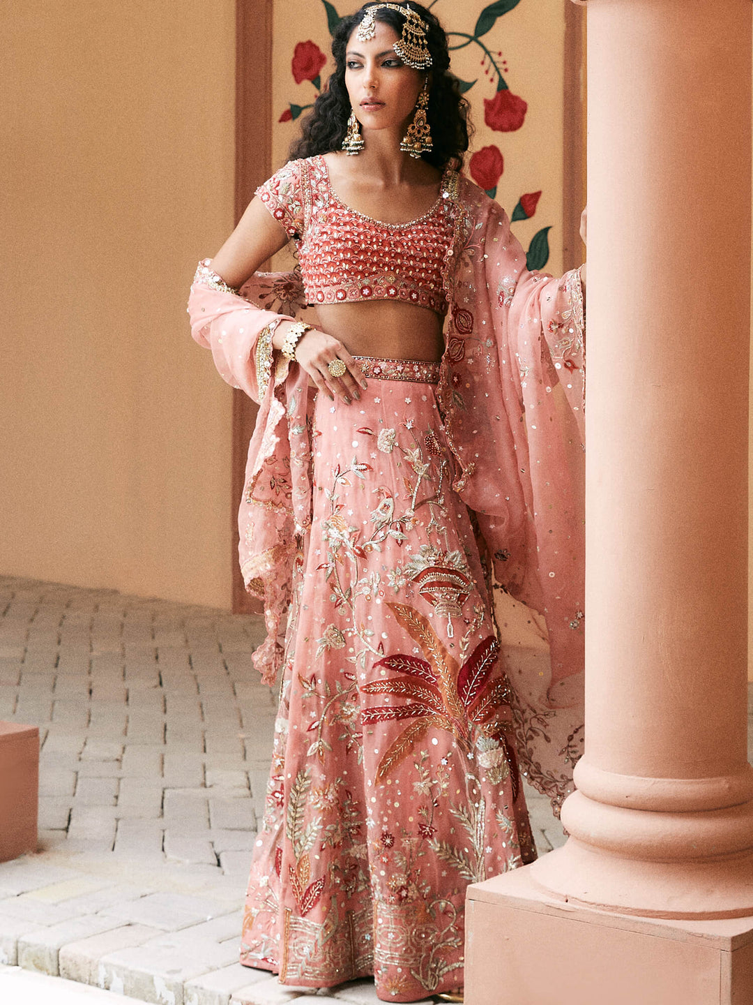 Coral Silk Pakistani Bridal Dress with Dupatta & Blouse