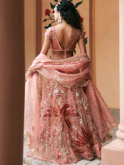 Coral Silk Pakistani Bridal Dress with Dupatta & Blouse