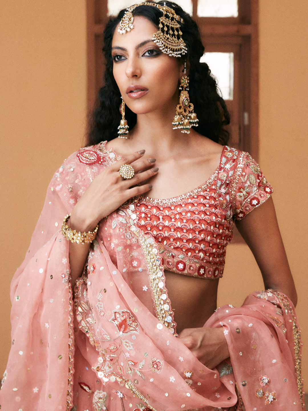 Coral Silk Pakistani Bridal Dress with Dupatta & Blouse