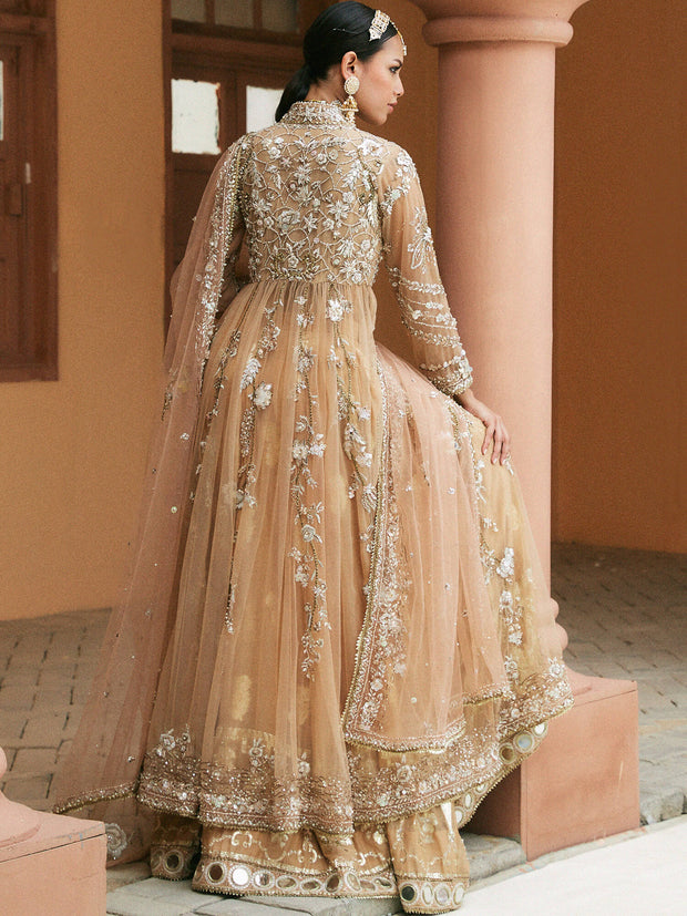 Regal Pakistani Bridal Dress in Gold Khaddi Silk