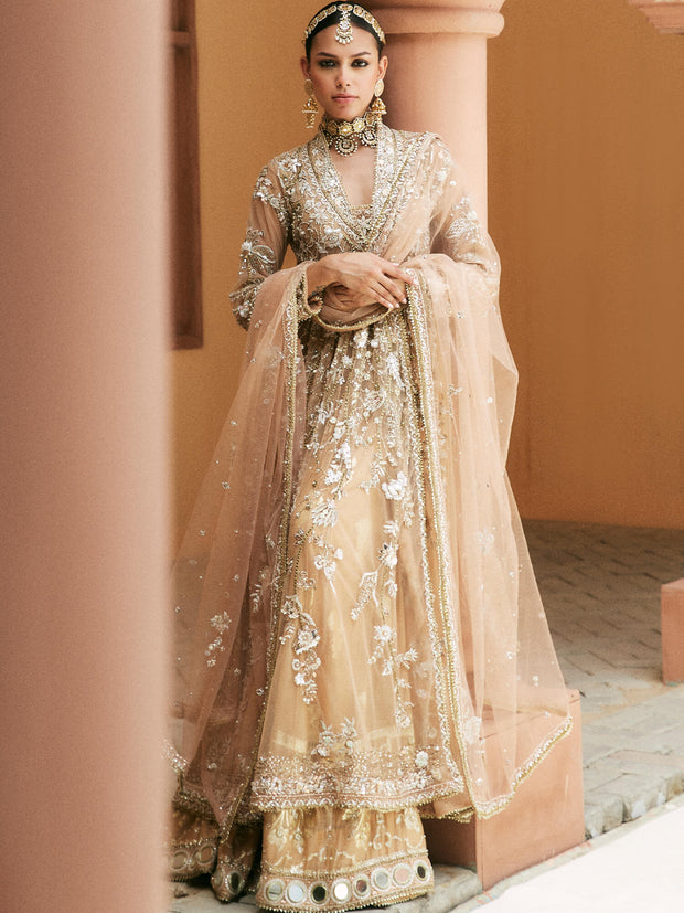 Regal Pakistani Bridal Dress in Gold Khaddi Silk