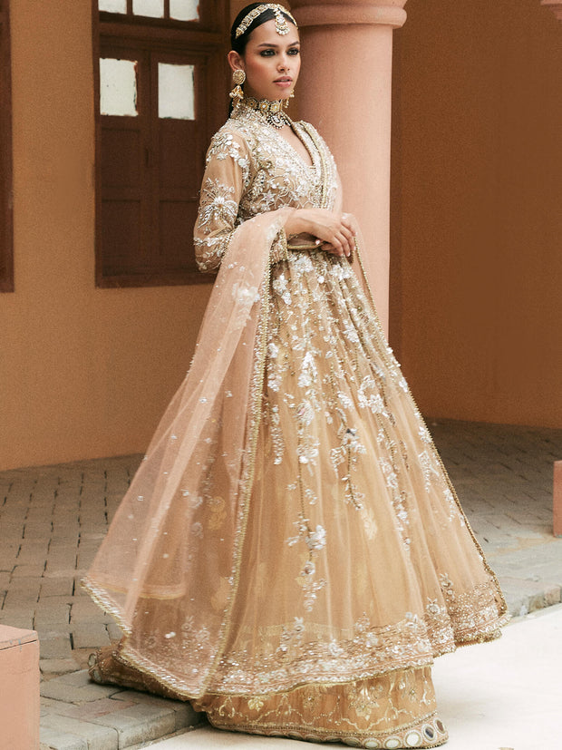 Regal Pakistani Bridal Dress in Gold Khaddi Silk