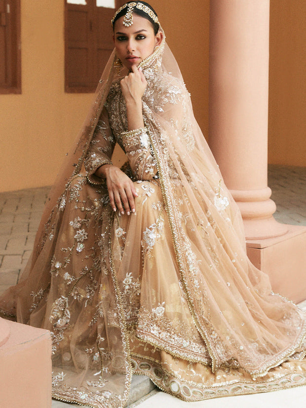 Regal Pakistani Bridal Dress in Gold Khaddi Silk