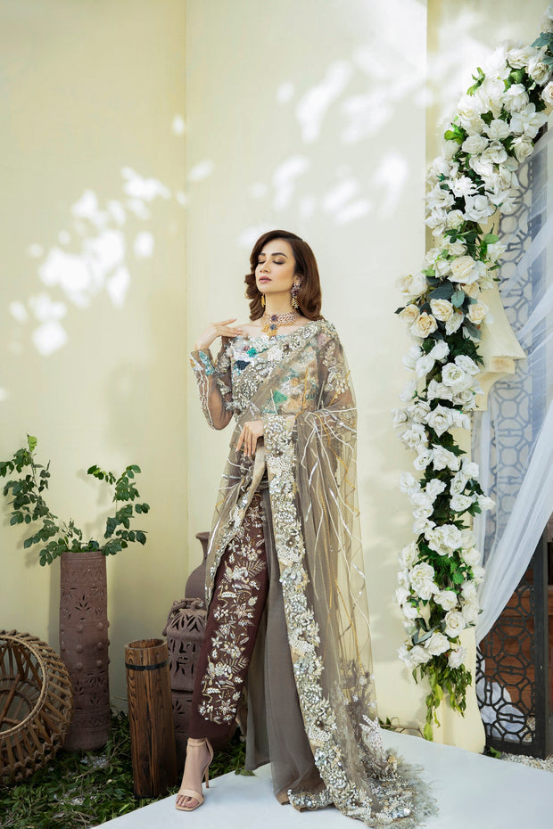 Elegant Mouse Grey Pakistani Bridal Dress with Embellishments