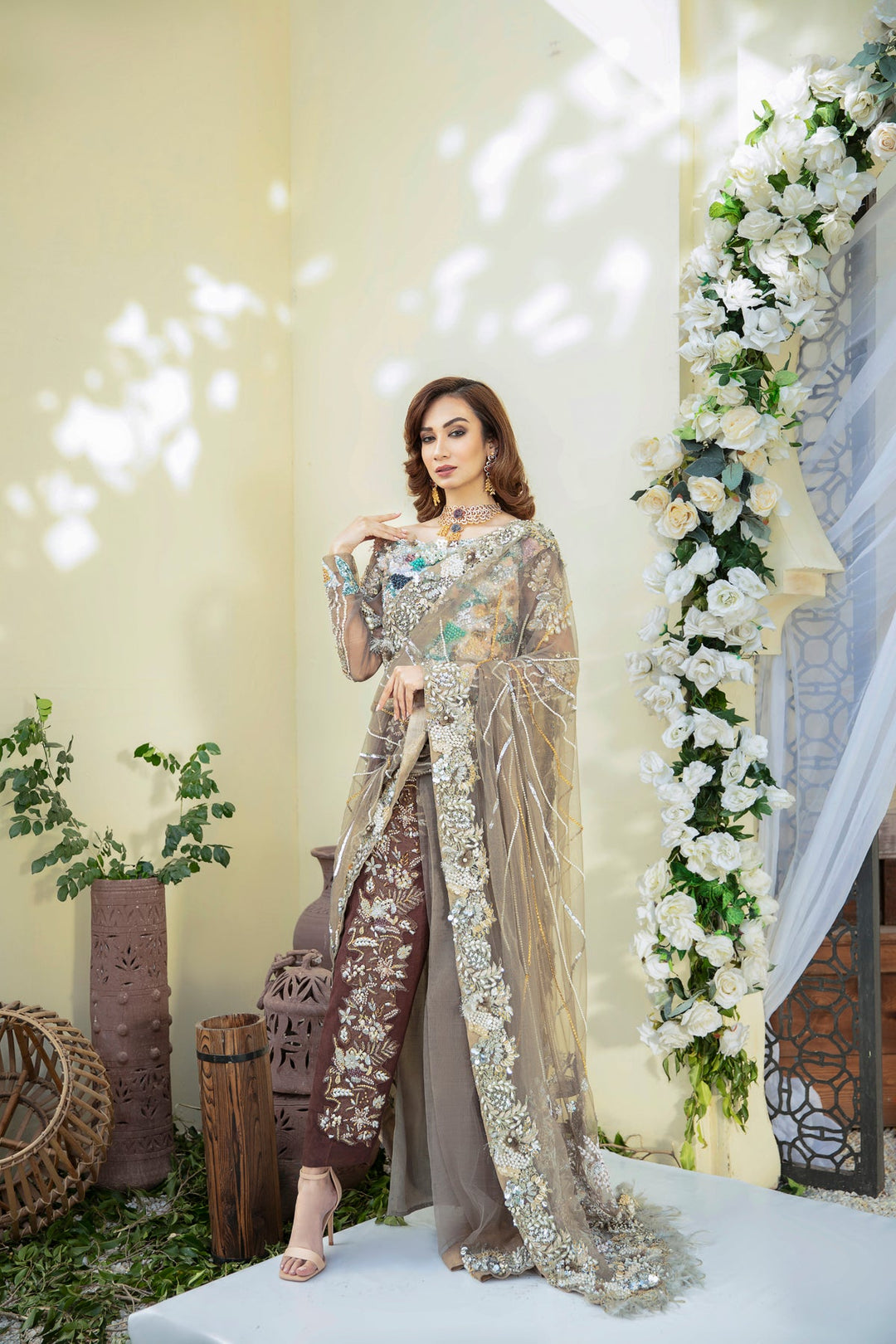 Stylish Pakistani Bridal Dress in Grey and Brown Hues