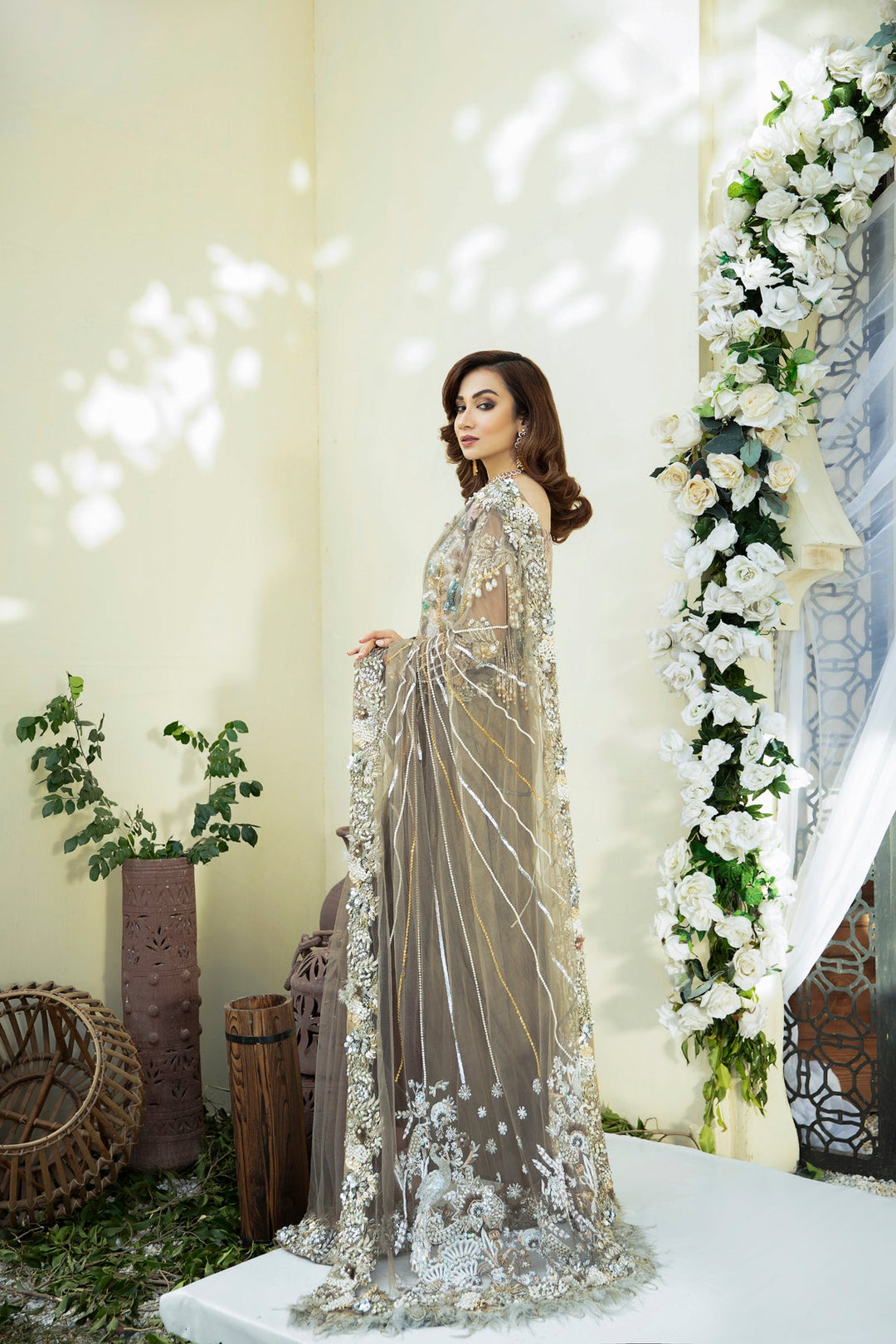 Stylish Pakistani Bridal Dress in Grey and Brown Hues