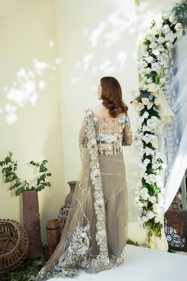 Elegant Mouse Grey Pakistani Bridal Dress with Embellishments