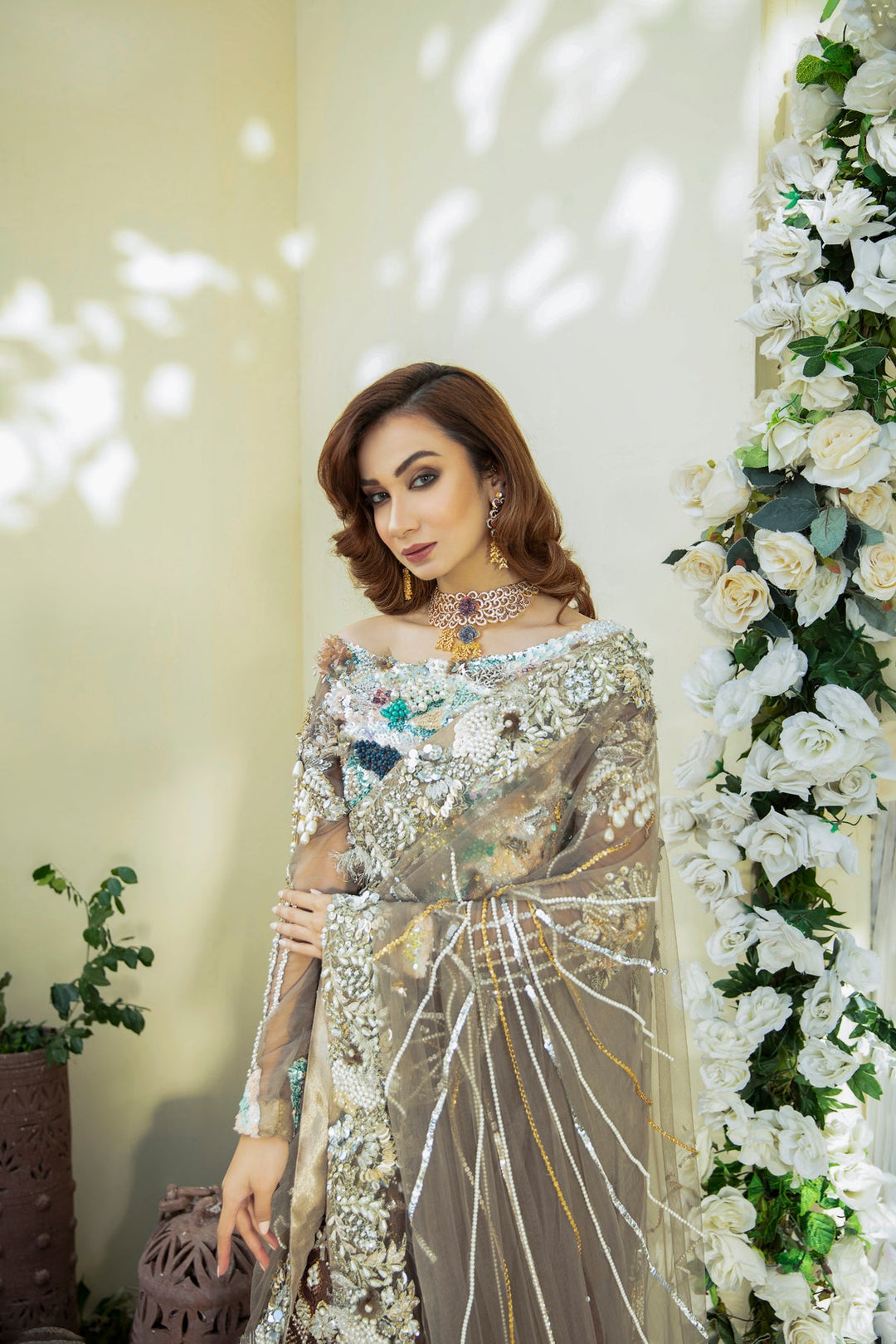 Elegant Mouse Grey Pakistani Bridal Dress with Embellishments