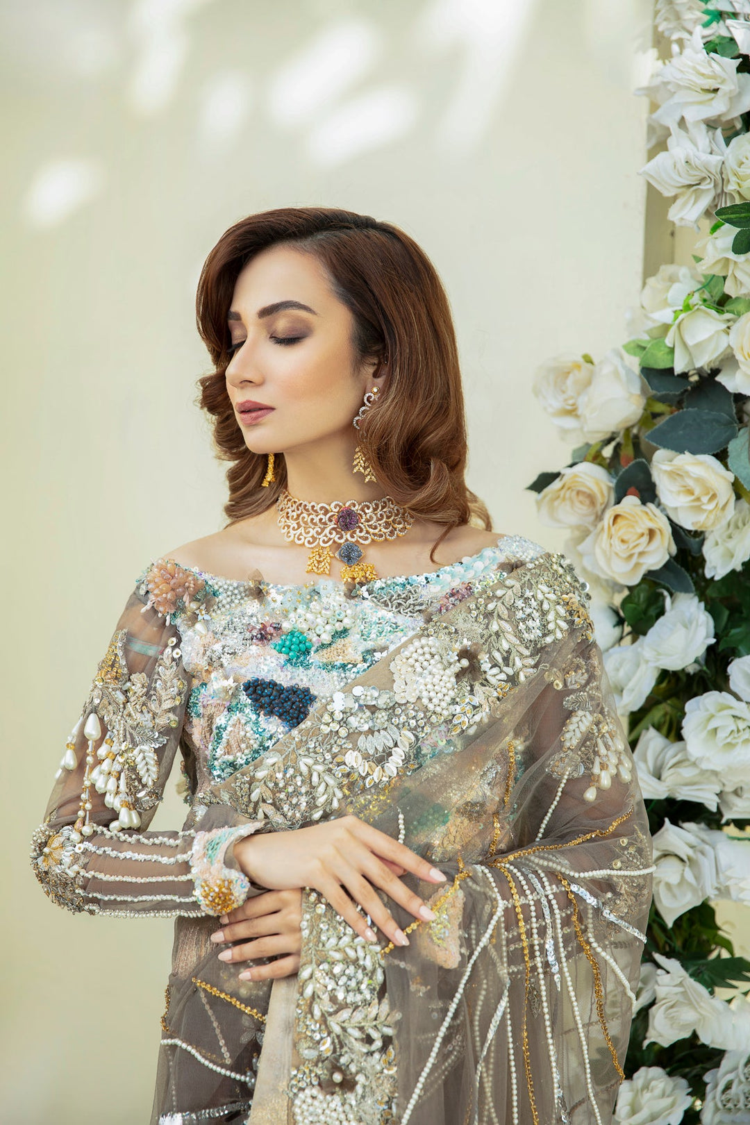 Stylish Pakistani Bridal Dress in Grey and Brown Hues