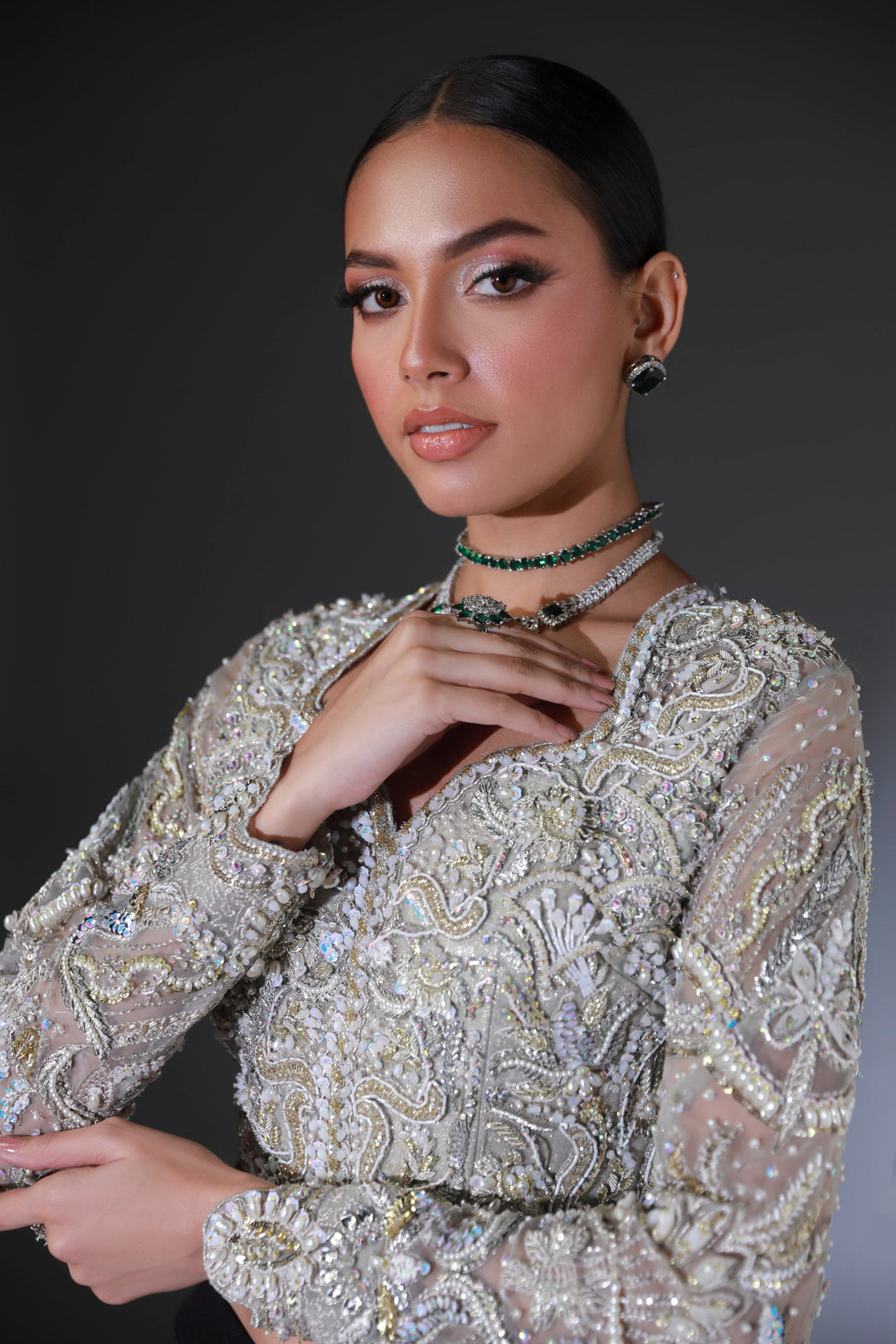 Moon Grey Pakistani Bridal Outfit with Intricate Embroidery