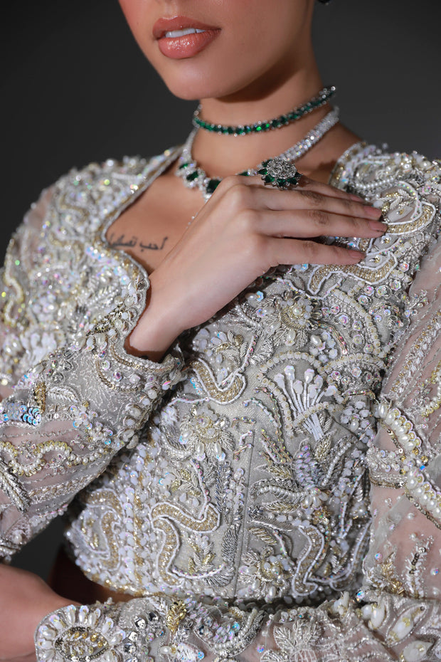 Moon Grey Pakistani Bridal Outfit with Intricate Embroidery