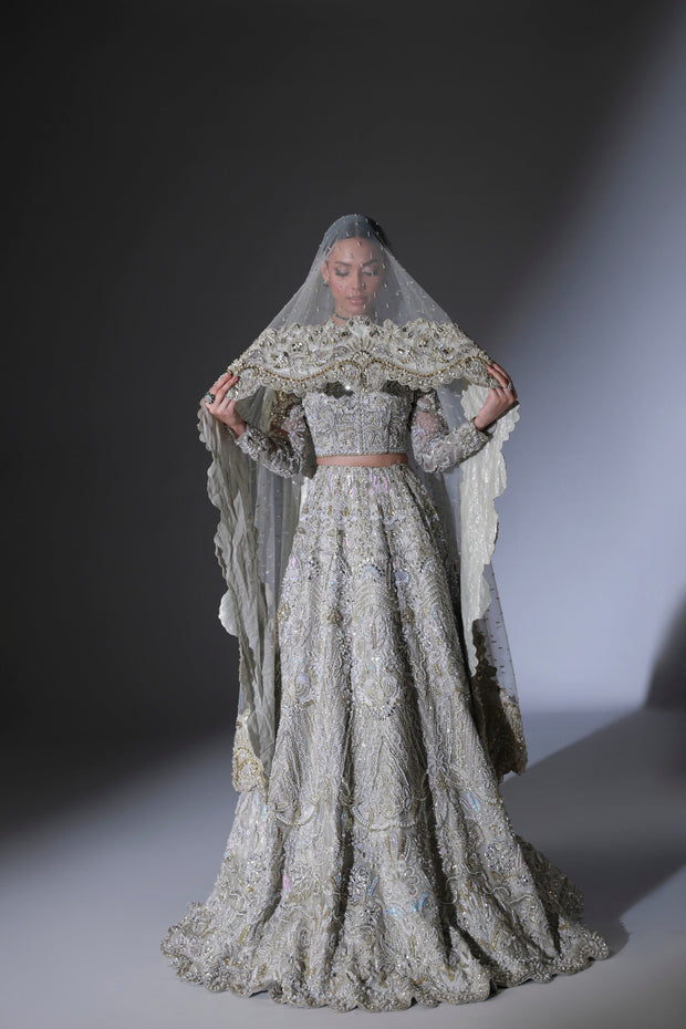 Moon Grey Pakistani Bridal Outfit with Intricate Embroidery
