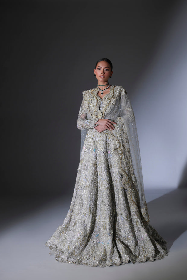 Moon Grey Pakistani Bridal Outfit with Intricate Embroidery