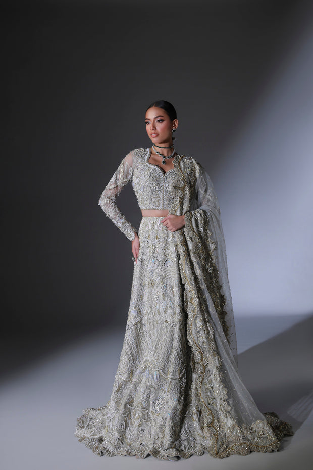 Moon Grey Pakistani Bridal Outfit with Intricate Embroidery