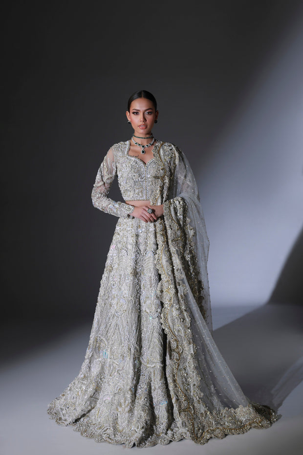 Moon Grey Pakistani Bridal Outfit with Intricate Embroidery