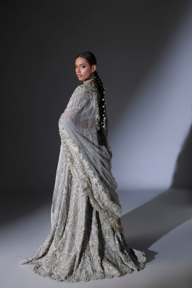 Moon Grey Pakistani Bridal Outfit with Intricate Embroidery