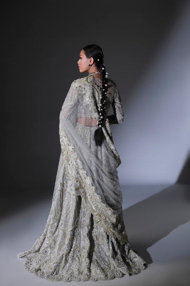 Moon Grey Pakistani Bridal Outfit with Intricate Embroidery