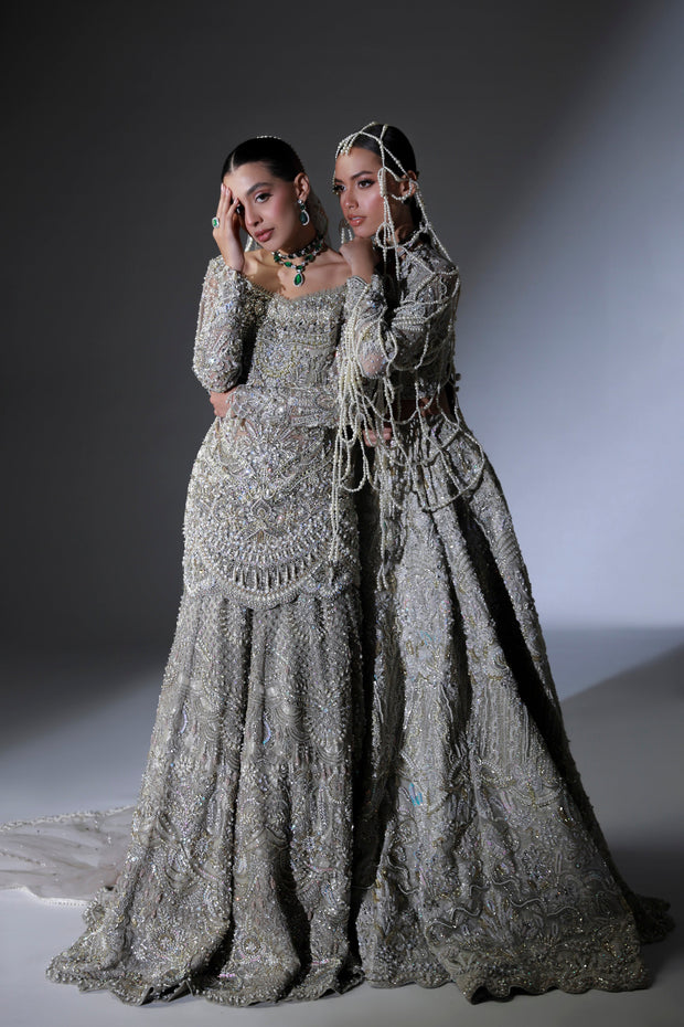 Moon Grey Pakistani Bridal Outfit with Intricate Embroidery