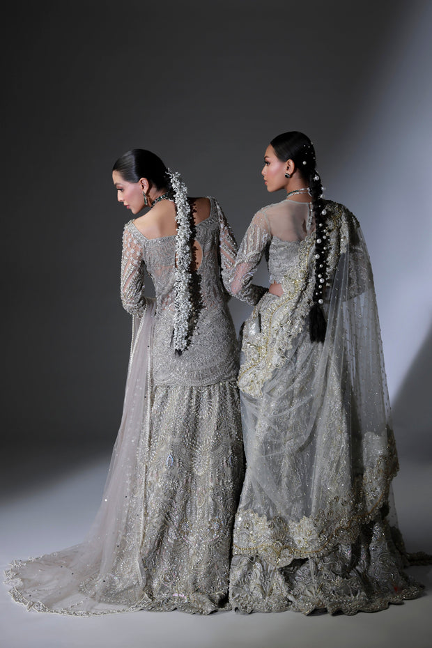 Moon Grey Pakistani Bridal Outfit with Intricate Embroidery