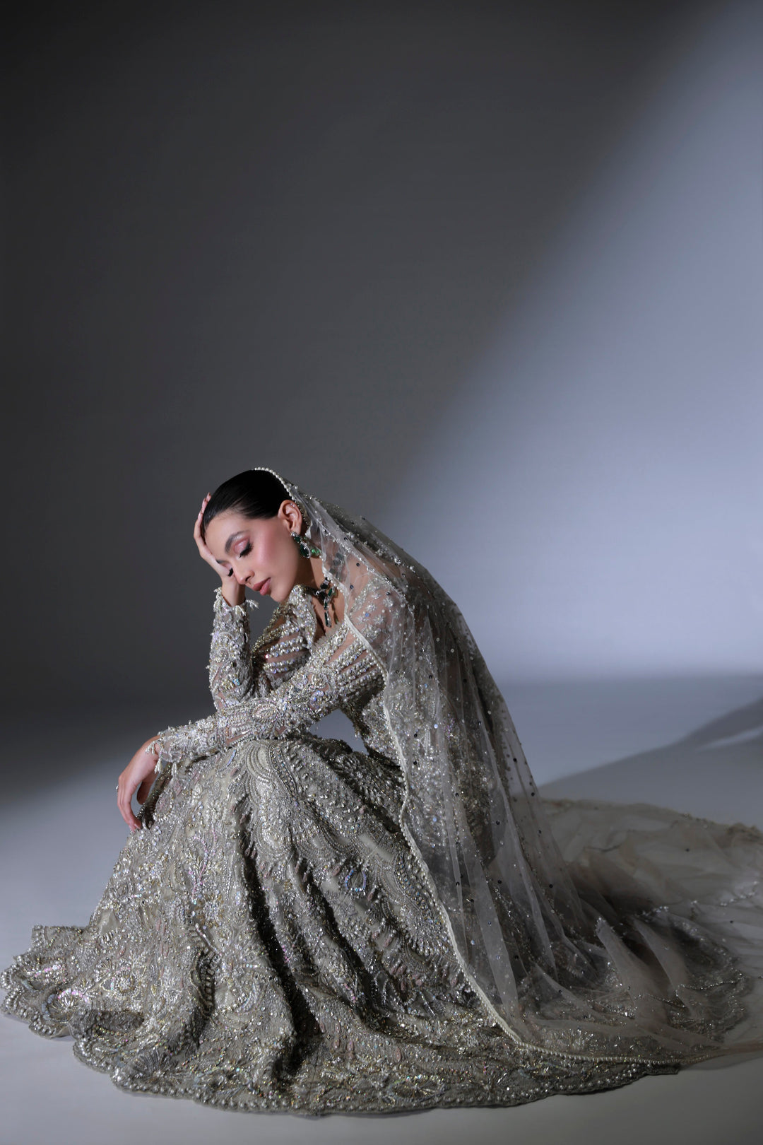 Moon Grey Pakistani Bridal Dress with Intricate Embroidery