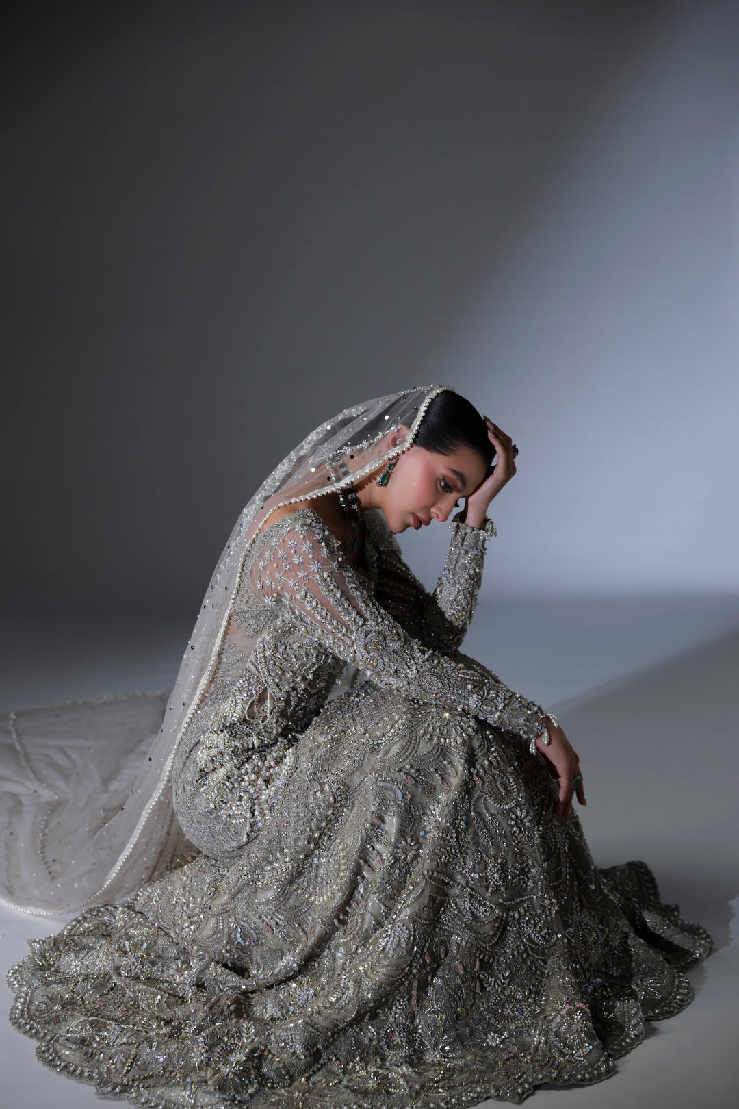 Moon Grey Pakistani Bridal Dress with Intricate Embroidery