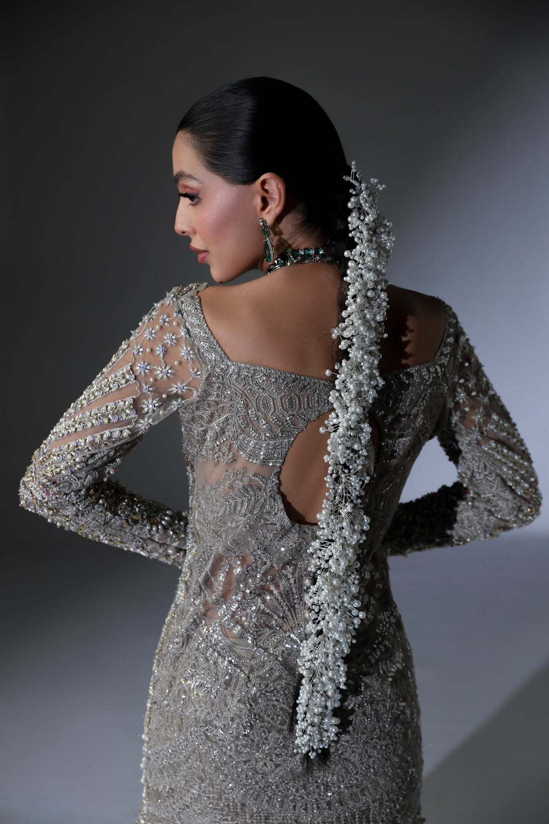 Moon Grey Pakistani Bridal Dress with Intricate Embroidery