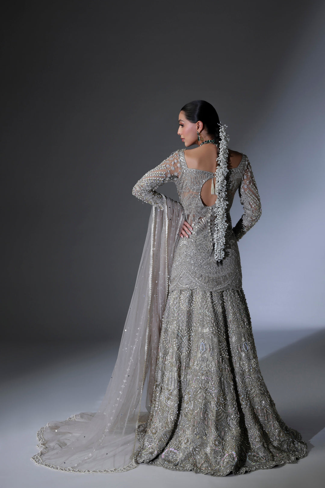 Moon Grey Pakistani Bridal Dress with Intricate Embroidery