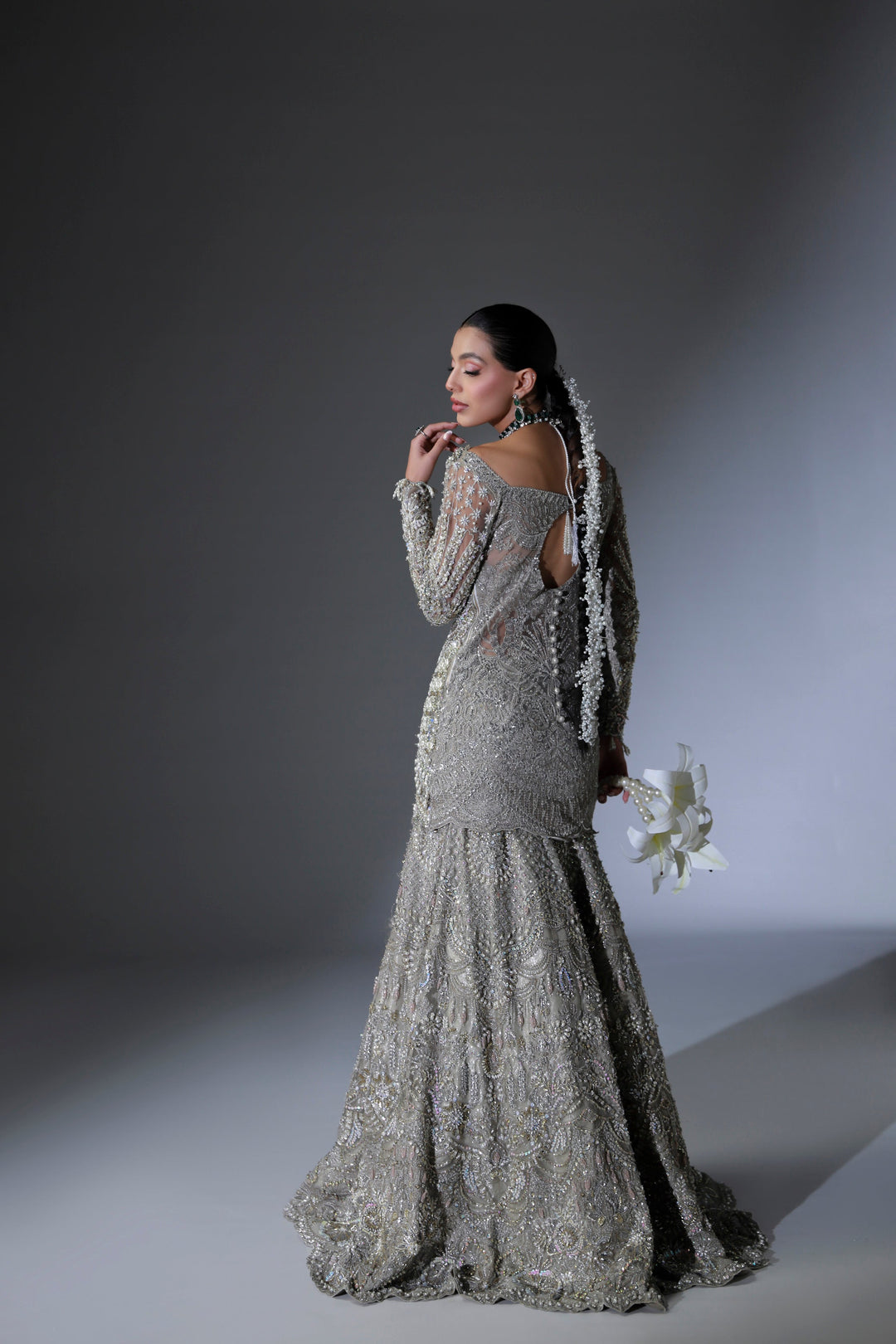 Moon Grey Pakistani Bridal Dress with Intricate Embroidery