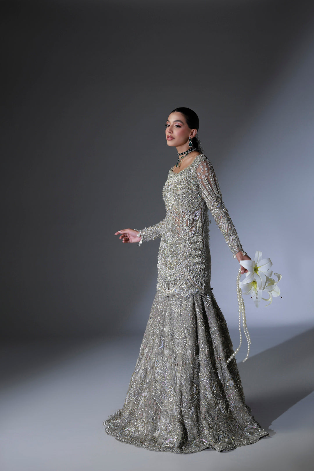 Moon Grey Pakistani Bridal Dress with Intricate Embroidery