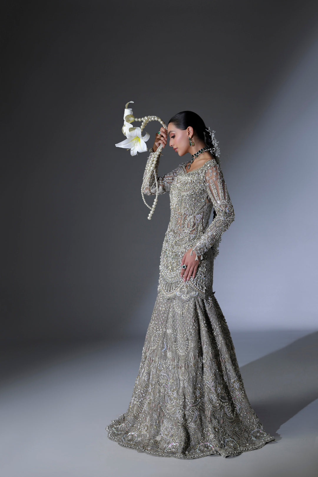 Moon Grey Pakistani Bridal Dress with Intricate Embroidery