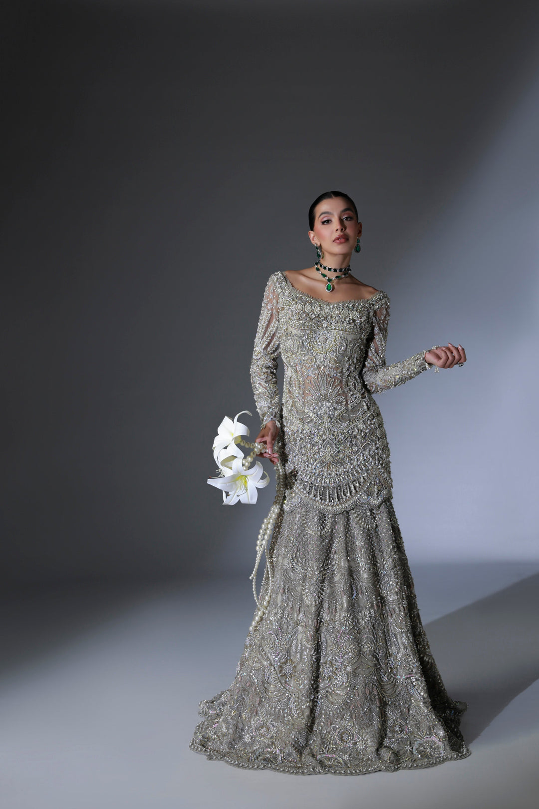 Moon Grey Pakistani Bridal Dress with Intricate Embroidery