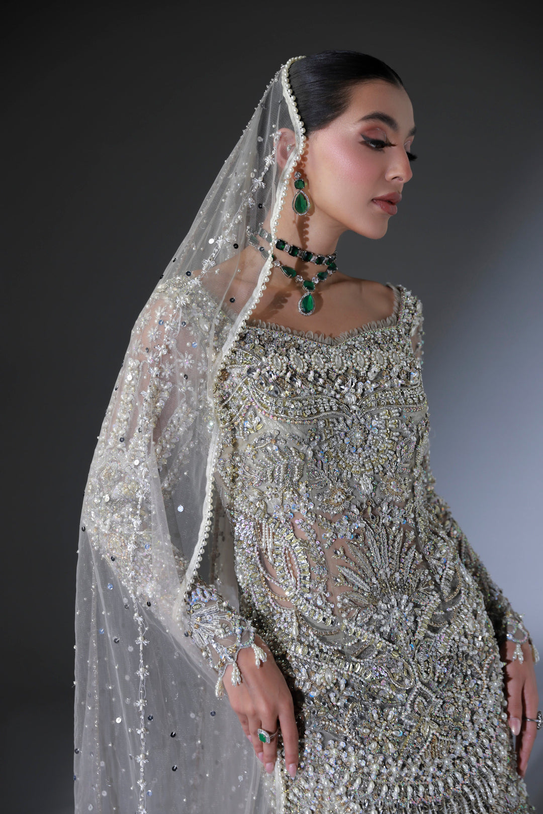 Moon Grey Pakistani Bridal Dress with Intricate Embroidery