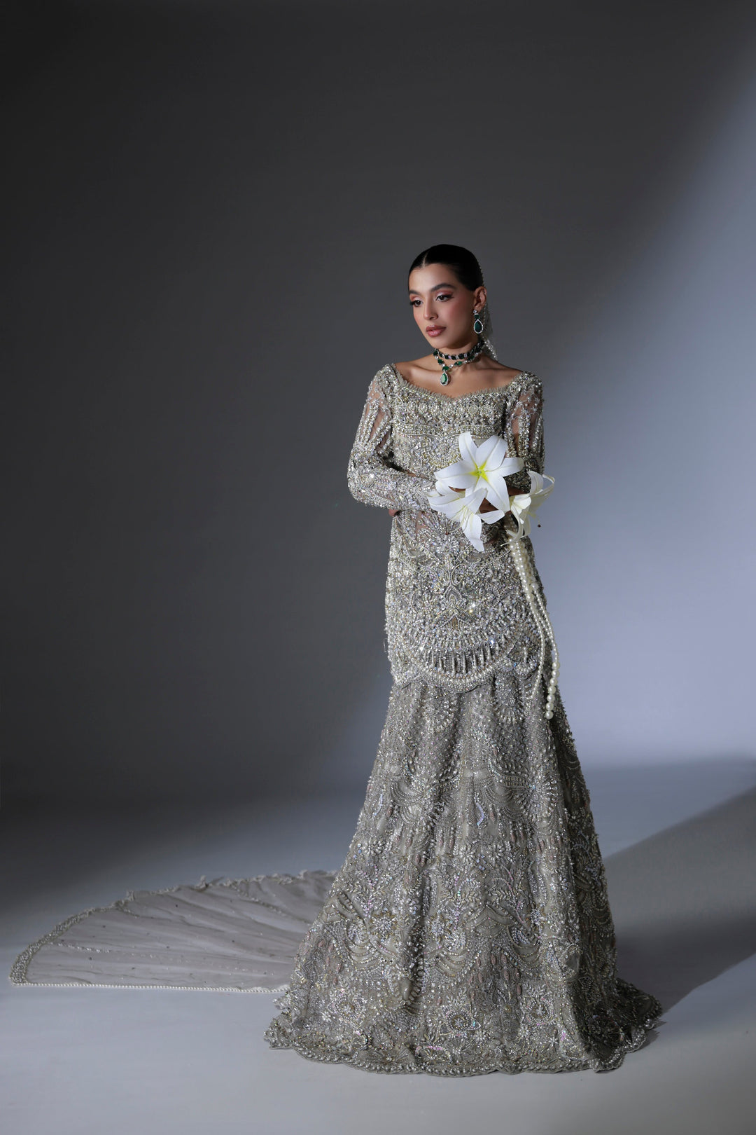 Moon Grey Pakistani Bridal Dress with Intricate Embroidery