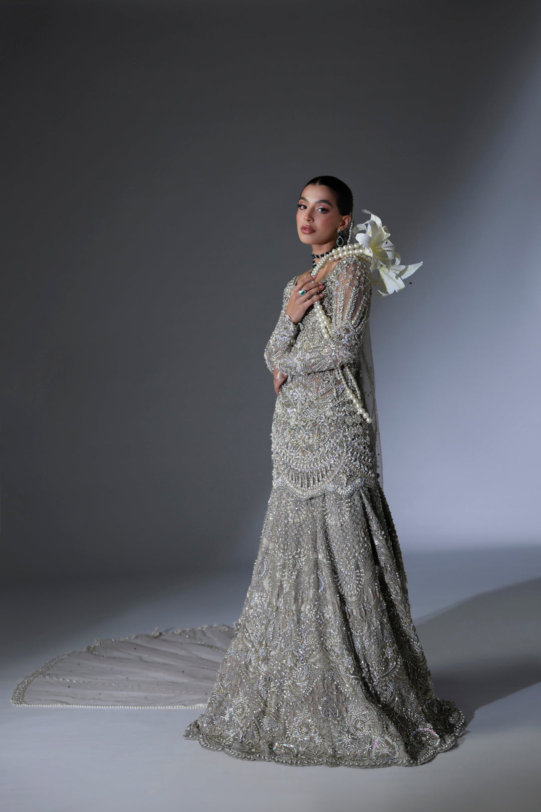 Moon Grey Pakistani Bridal Dress with Intricate Embroidery
