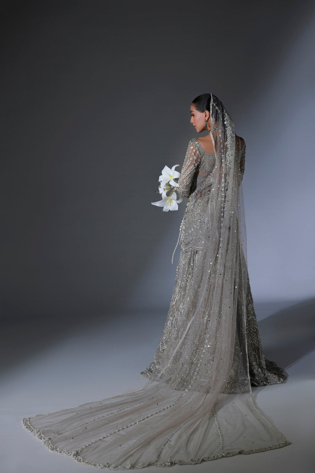 Moon Grey Pakistani Bridal Dress with Intricate Embroidery
