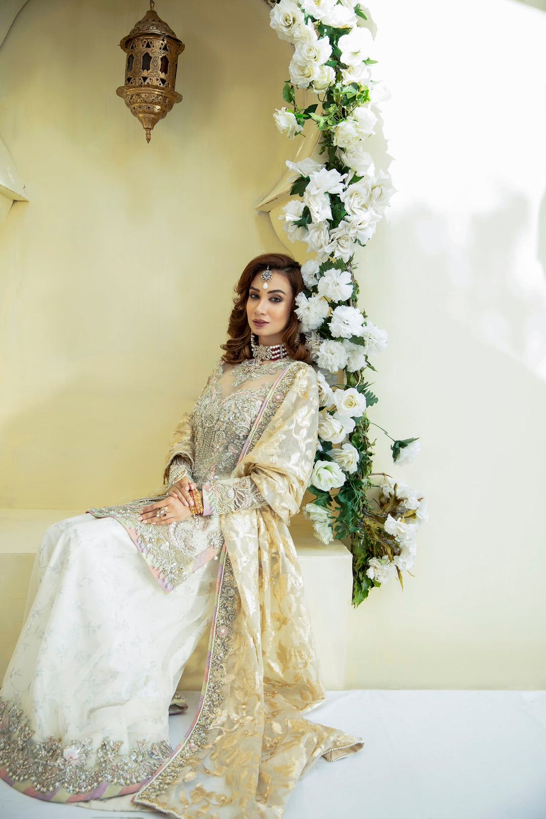 Elegant Off White Pakistani Bridal Dress with Sharara