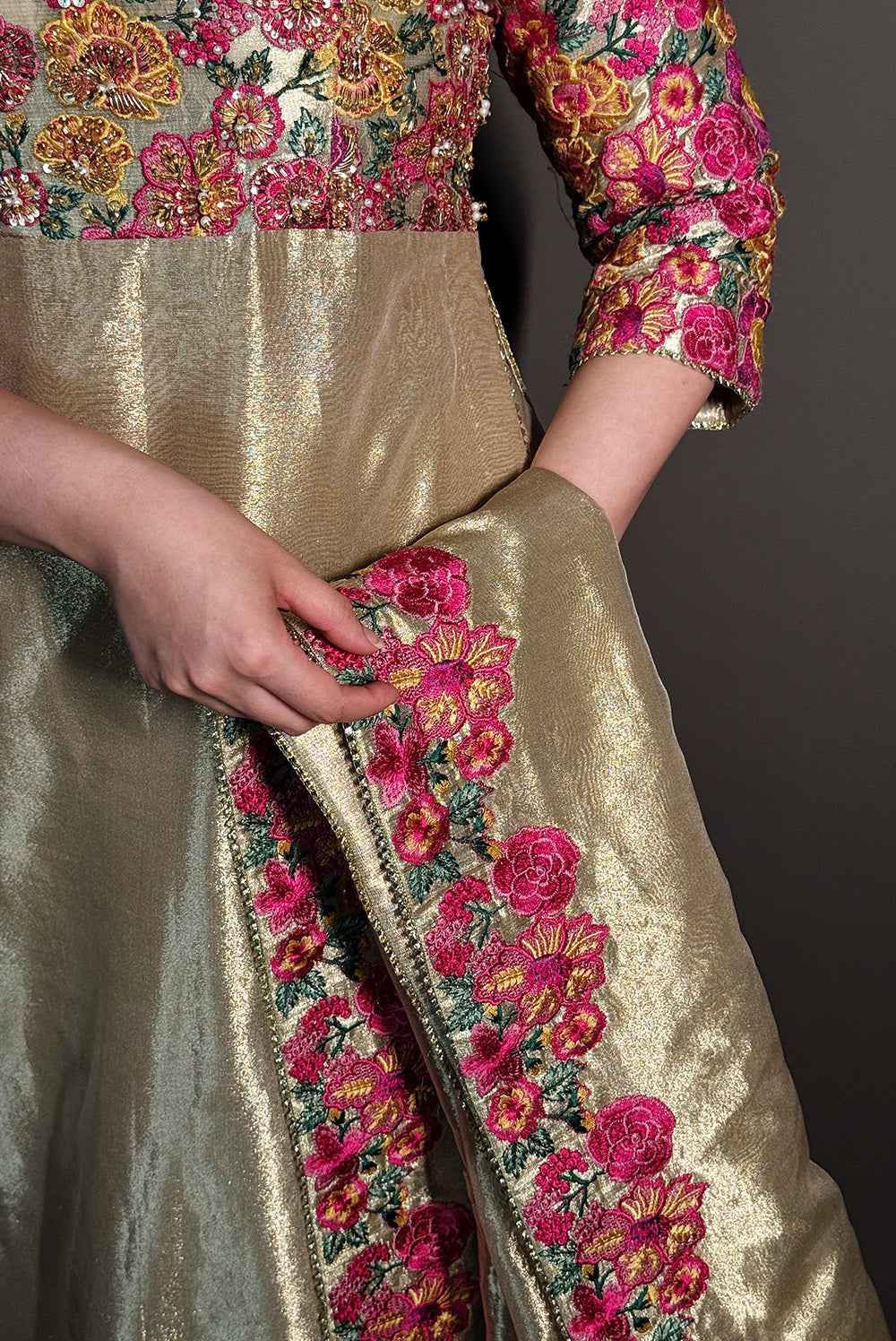 Gold Embroidered Tissue Ensemble Pakistani Designer Dress