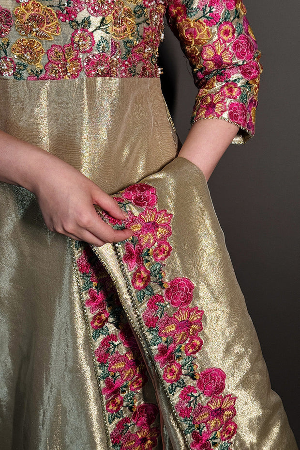 Gold Embroidered Tissue Ensemble Pakistani Designer Dress