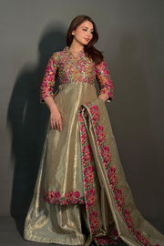 Gold Embroidered Tissue Ensemble Pakistani Designer Dress